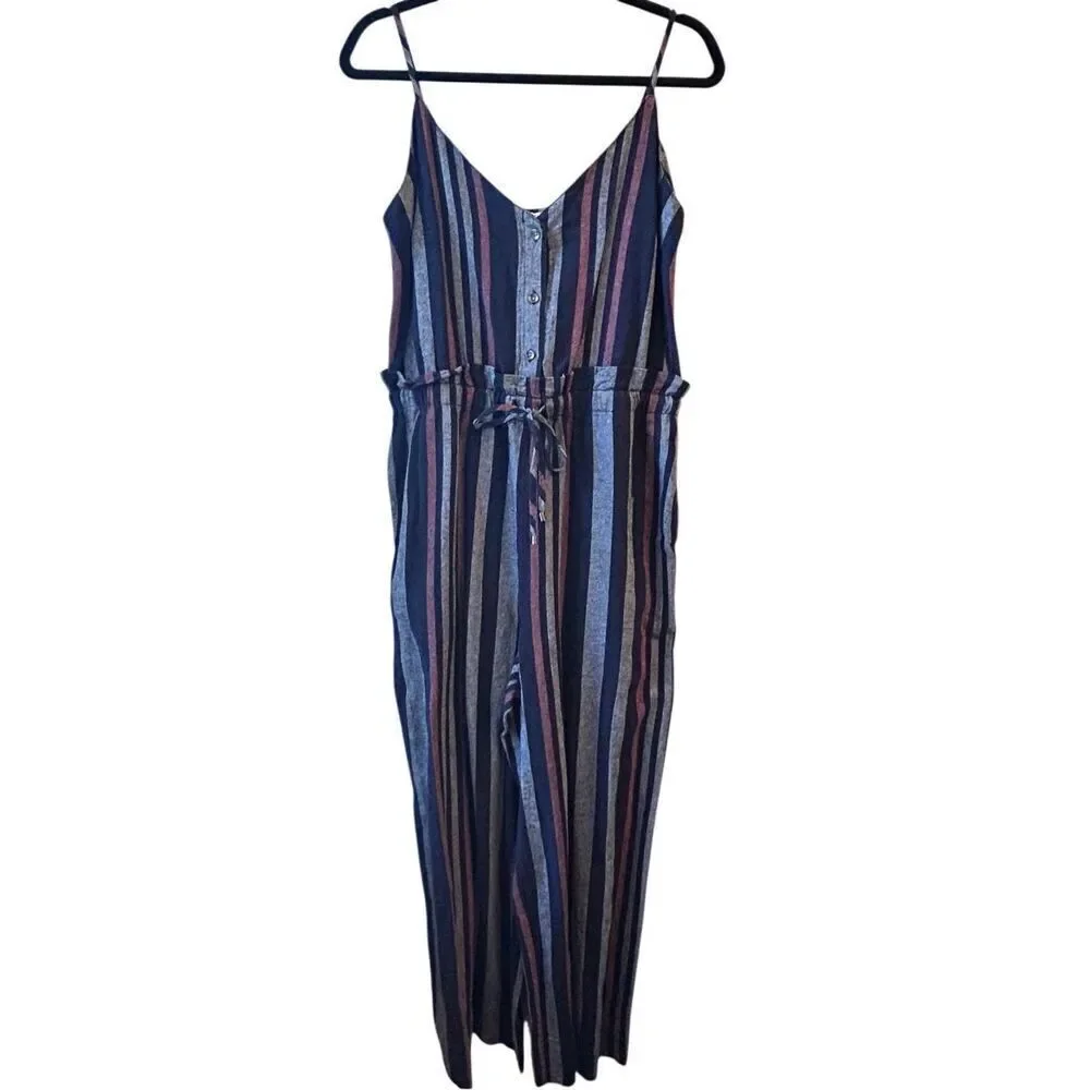 NWT Splendid Linen Blend Wide-leg Jumpsuit Sz M Striped sleeveless stretch waist - Picture 1 of 13